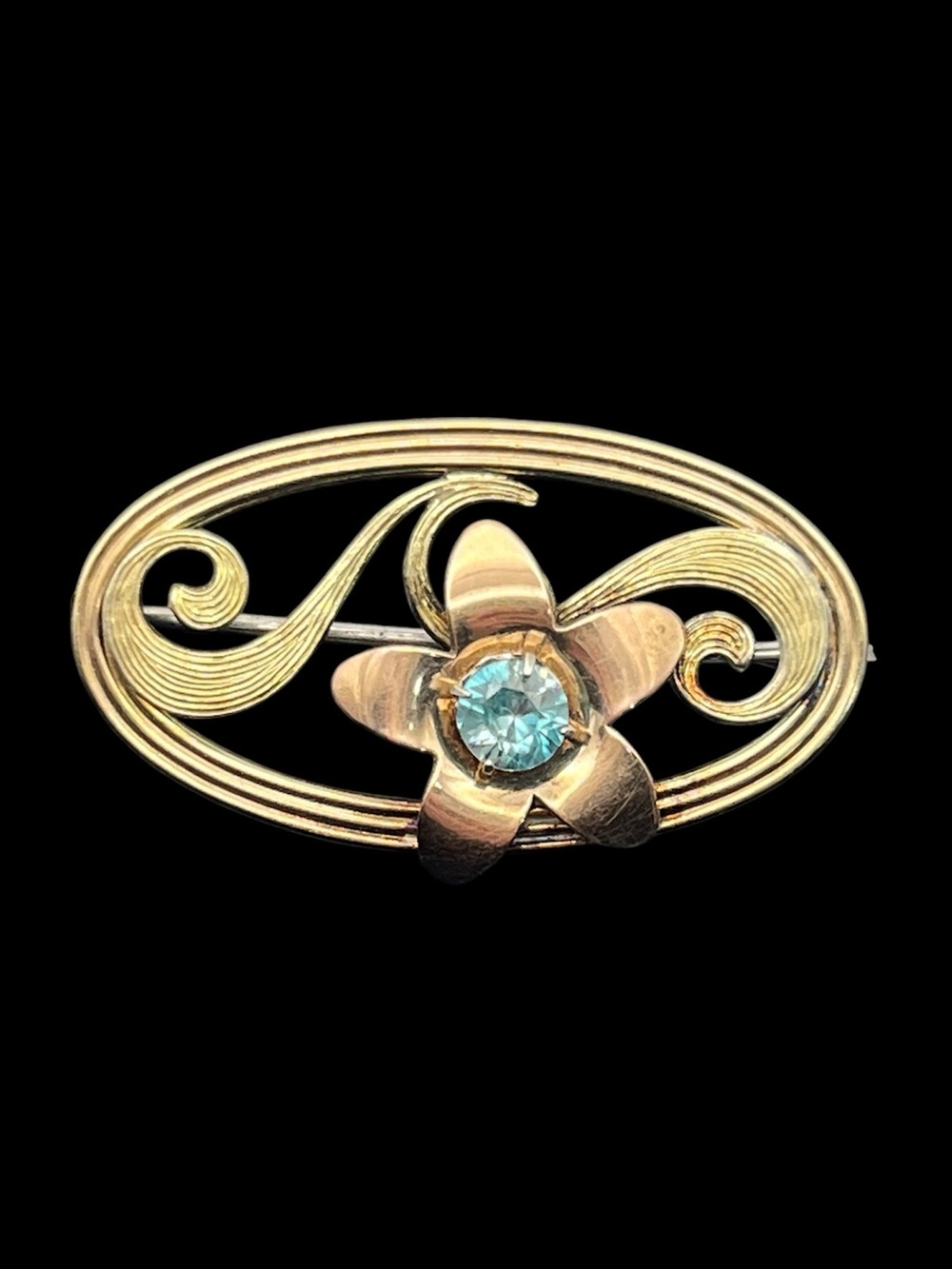 Symmetalic 14k gold on sterling silver flower blue rhinestone brooch pin vintage